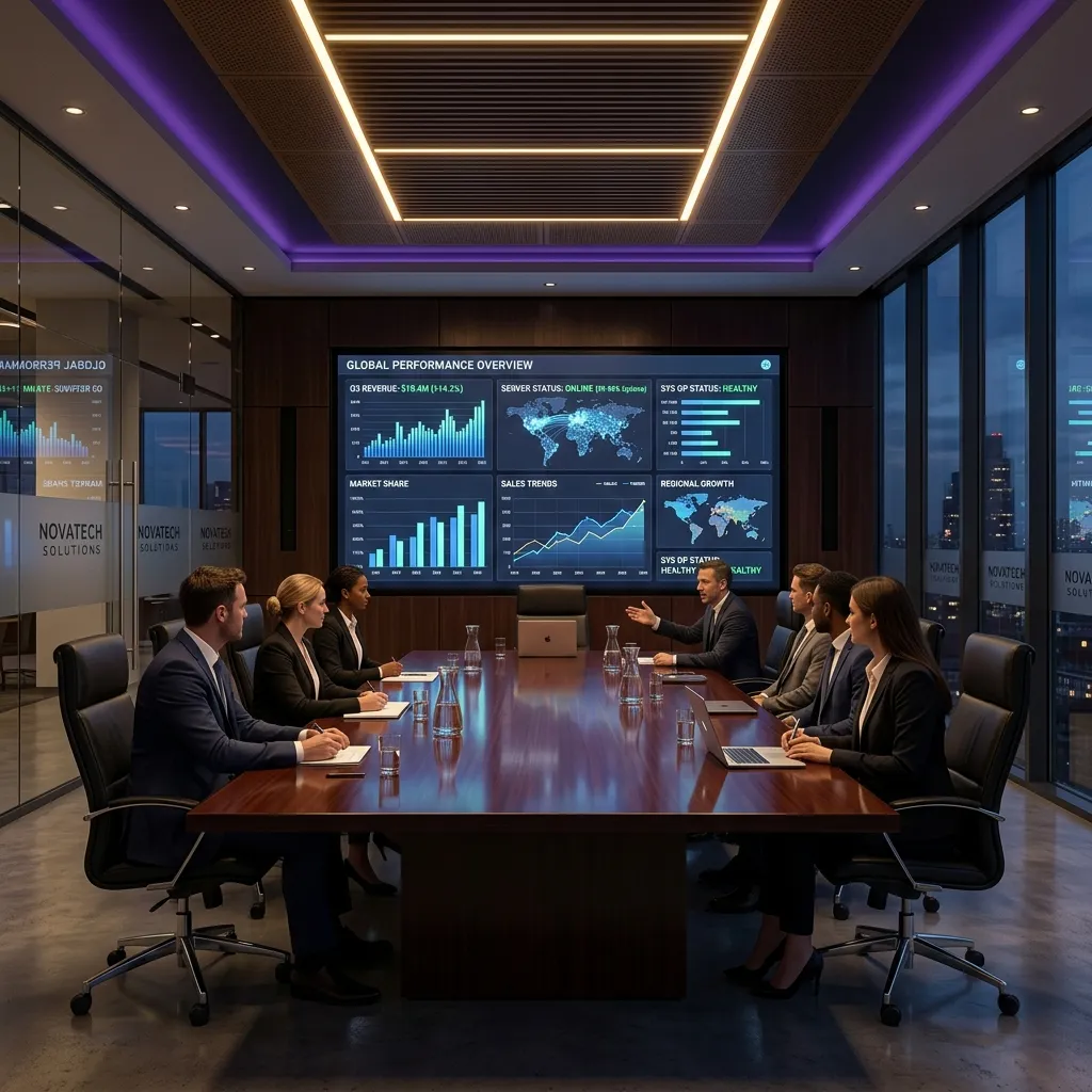 Strategic technology meeting room with dashboard analytics